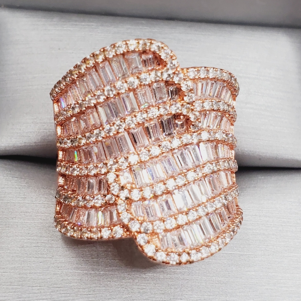 Round & Baguette White Diamond Simulants Rose Gold - 925 Sterling Silver Ring